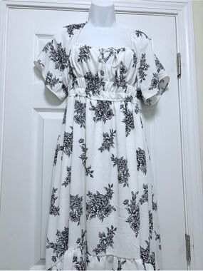 Womens White with Black Floral Smocked Maxi Dress
